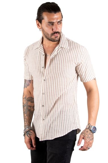 DeepSEA Fine Line Patterned Short Sleeve Raw Linen Men's Shirt 2201920 - photo 3