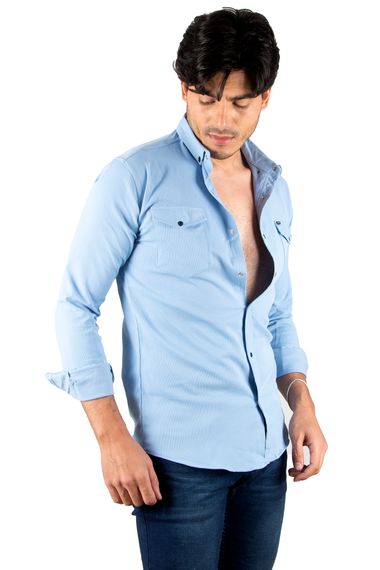 DeepSEA Lycra Snap Button Pocket Slim Fit Knitted Fabric Denim Shirt 2300393 - photo 1