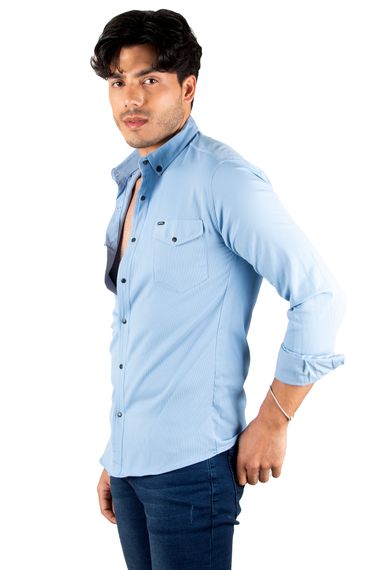 DeepSEA Lycra Snap Button Pocket Slim Fit Knitted Fabric Denim Shirt 2300393 - photo 2