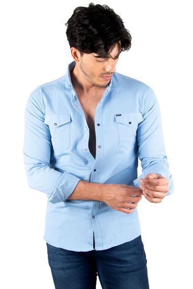 DeepSEA Lycra Snap Button Pocket Slim Fit Knitted Fabric Denim Shirt 2300393 - photo 3