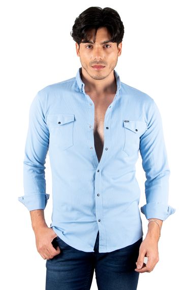 DeepSEA Lycra Snap Button Pocket Slim Fit Knitted Fabric Denim Shirt 2300393 - photo 4