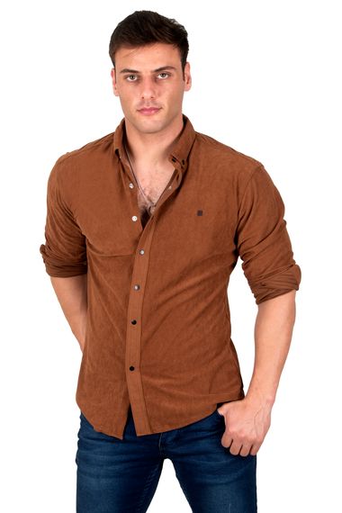 Сорочка DeepSEA з замші 2302324, Slim Fit, Casual стиль, довгі рукави, кнопкове закриття, доступна в бордовому, бежевому, візоні, табачному, рожевому, коричневому - фото 3