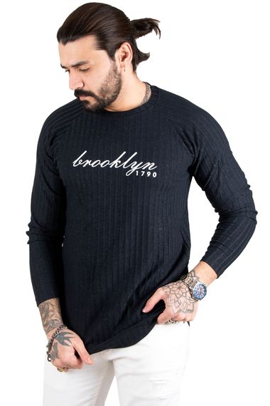 DeepSEA Eteği Oval Kesim Bisiklet Yaka Önü Yazı Baskılı Triko Erkek Sweatshirt 1808072 - fotoğraf 4