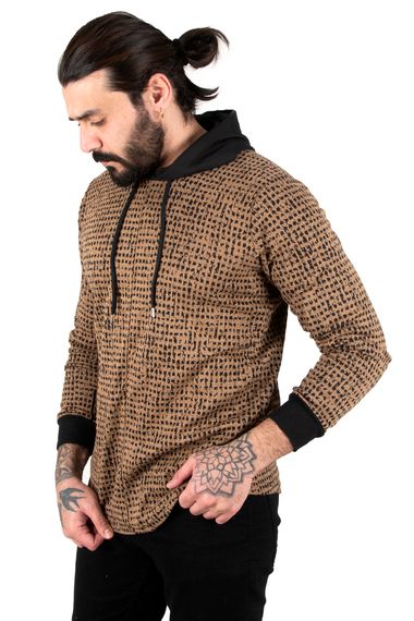 DeepSEA Piksel Detaylı Kolları Ribanalı Eteği Oval Kesim Kapüşonlu Erkek Sweatshirt 2303084 - fotoğraf 1