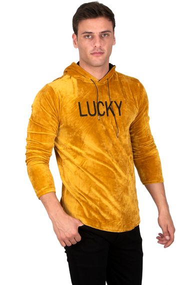 DeepSEA Kadife Lucky Yazı Baskılı  Kapüşonlu Sweatshirt 23000414 - fotoğraf 4