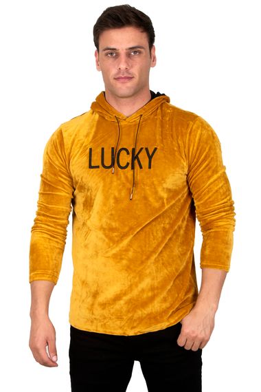 DeepSEA Kadife Lucky Yazı Baskılı  Kapüşonlu Sweatshirt 23000414 - fotoğraf 1