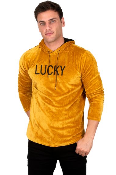 DeepSEA Kadife Lucky Yazı Baskılı  Kapüşonlu Sweatshirt 23000414 - fotoğraf 3