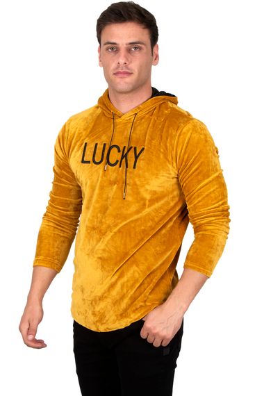 DeepSEA Kadife Lucky Yazı Baskılı  Kapüşonlu Sweatshirt 23000414 - fotoğraf 2