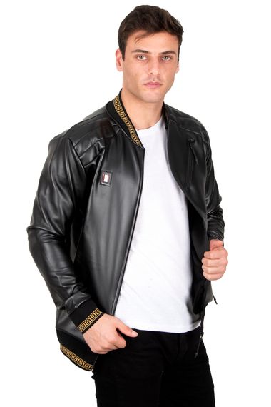 DeepSEA Sleeve Collar Ribbed Zipper Faux Leather Sports Coat 23020664 - photo 5