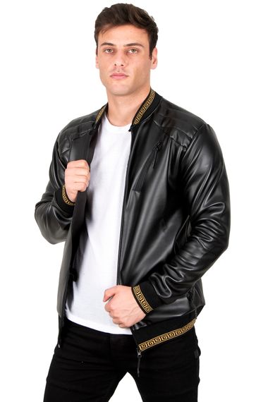 DeepSEA Sleeve Collar Ribbed Zipper Faux Leather Sports Coat 23020664 - photo 2