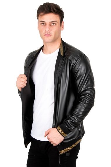 DeepSEA Sleeve Collar Ribbed Zipper Faux Leather Sports Coat 23020664 - photo 4