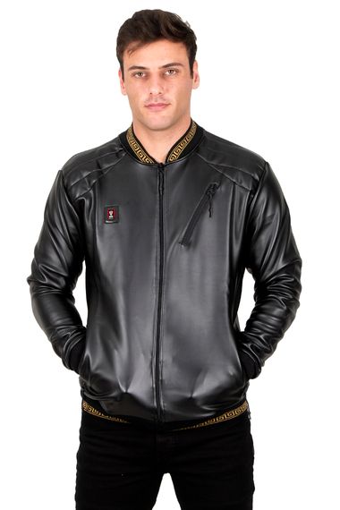 DeepSEA Sleeve Collar Ribbed Zipper Faux Leather Sports Coat 23020664 - photo 3