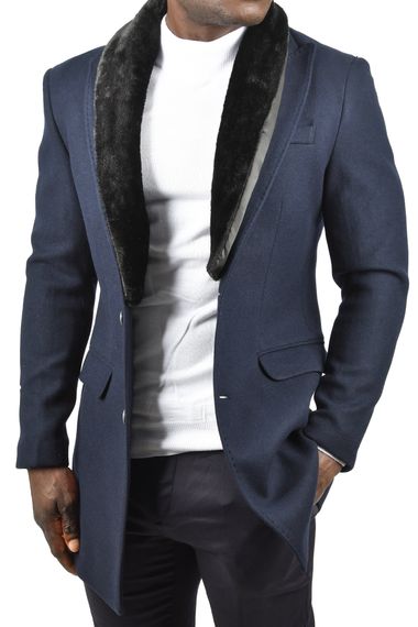 DeepSEA Çıkarılabilir Peluş Yaka Slim Fit Kesim Uzun Kaşe Kaban 2407007 - fotoğraf 4