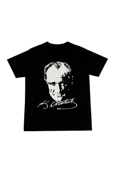 Hipatu Unisex Atatürk Printed Short Sleeve Black T-Shirt