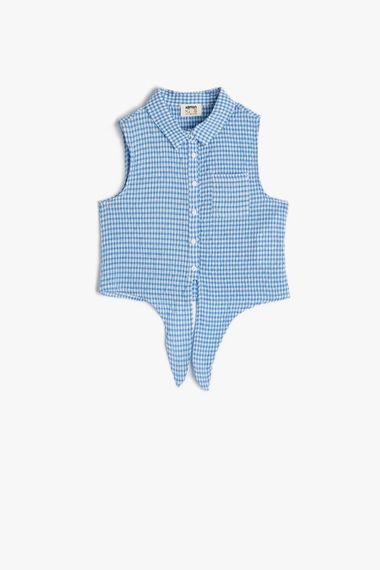 Koton Girl's Crop Sleeveless Shirt with Waist Tie, Gingham - photo 2