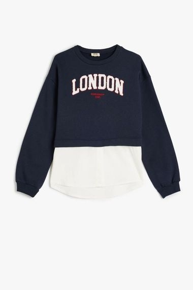 Koton Kız Çocuk Sweatshirt London Şehir Baskılı Bisiklet Yaka Gömlek Etek Ucu Detaylı Şardonlu - fotoğraf 3