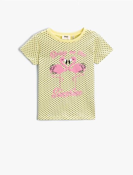 Футболка для дівчинки з коротким рукавом, малюнок фламінго, жовта, 100% бавовна, ріст 7-8 років - фото 1