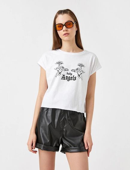 Koton المرأة قصيرة الأكمام طاقم الرقبة تي شيرت - صورة 2