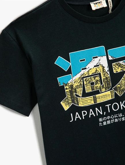 Футболка для хлопчиків Koton з коротким рукавом та принтом Токіо, бавовняна, велосипедний виріз, темно-синя, для віку 4-5 та 7-8 років - фото 3