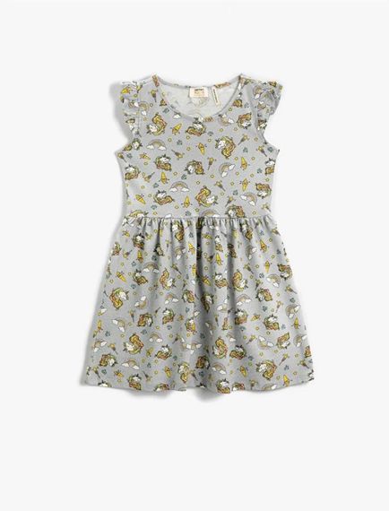 Сукня для дівчаток Koton з принтом єдинорога з бавовни, круглий виріз, сірого кольору, розміри 4-5, 6-7, 7-8 років - фото 1