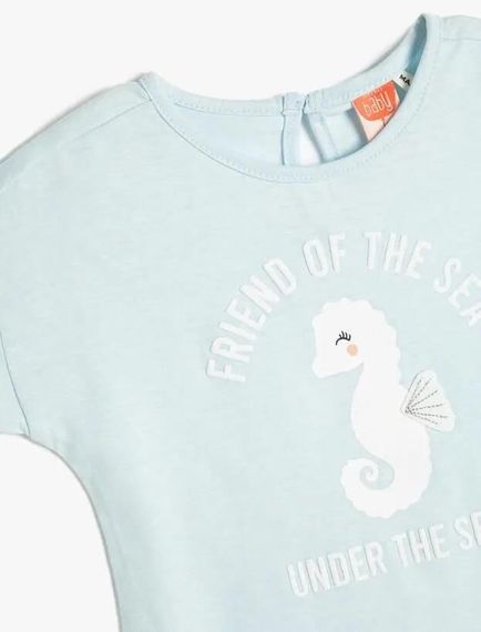 Koton Kız Bebek Tişört Kısa Kollu Bisiklet Yaka Deniz Atı Baskılı Pamuklu - fotoğraf 3