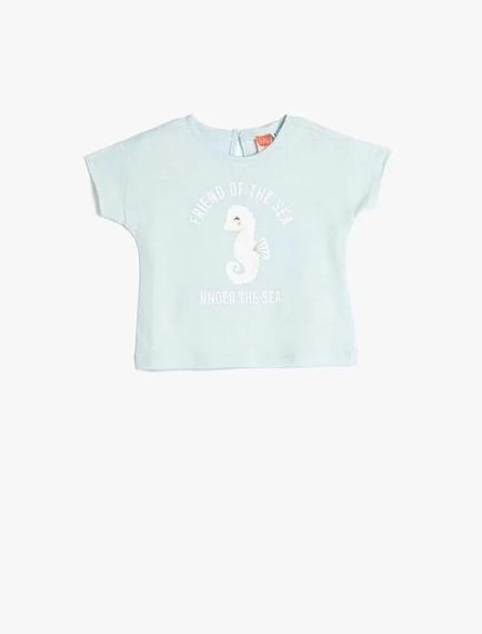 Koton Kız Bebek Tişört Kısa Kollu Bisiklet Yaka Deniz Atı Baskılı Pamuklu - fotoğraf 1