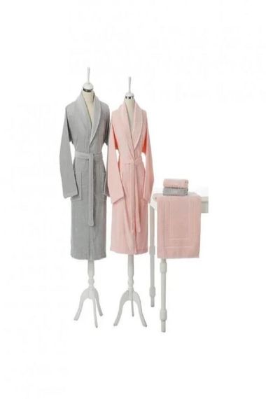 Комплект халатів Özdilek Branch Aile - Сірий-Рожевий, 100% бавовна, розміри M та L, 2 банні та 2 рукодільні рушники