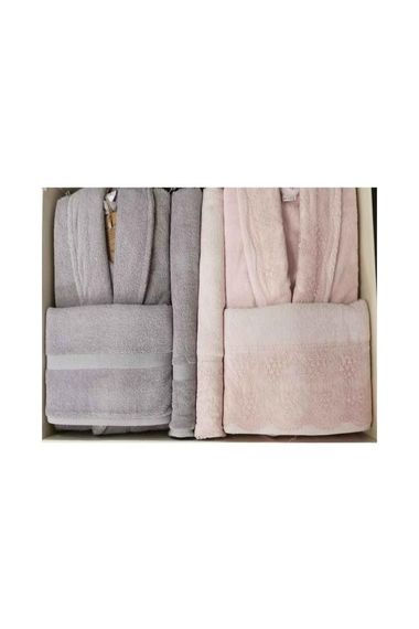 Комплект халатів Özdilek Branch Aile - Сірий-Рожевий, 100% бавовна, розміри M та L, 2 банні та 2 рукодільні рушники