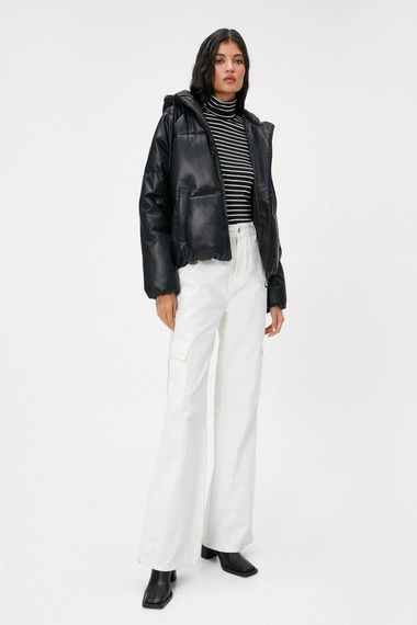 سترة كوتون المنتفخة ذات مظهر جلدي وغطاء للرأس - صورة 2