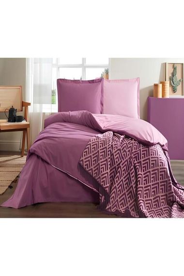 Özdilek Double Ranforce Duvet Cover Set, Lilac Plum with Cotton Blanket