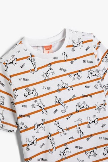 Футболка короткий рукав для хлопчиків Koton з малюнком собаки, смужками, кольору екрю, 100% бавовна, для віку 2-5 років - фото 3