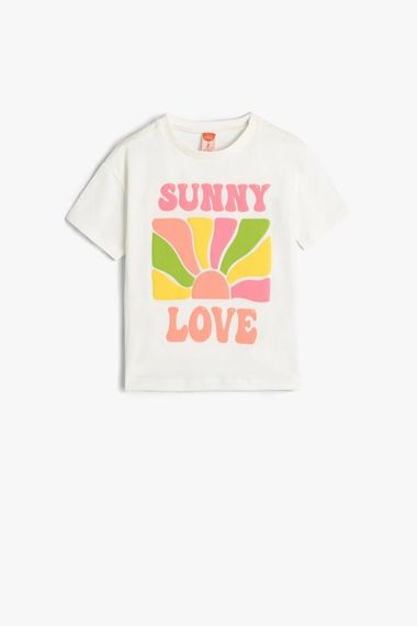 Футболка для дівчаток Koton з принтом на короткий рукав, кольору екрю, 100% бавовна, для віку 18-24 місяці - фото 1