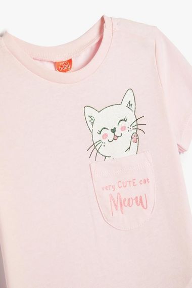 Футболка для дівчаток Koton з коротким рукавом, принтом кішки, з кишенею, 100% бавовна, розміри 4-5 років, 24-36 місяців, рожева - фото 3