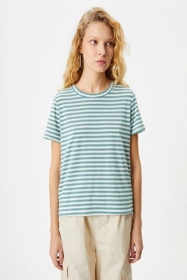 Футболка Koton короткий рукав з бавовняної суміші, круглий виріз, смужка, зелена, розмір М, екологічно чиста колекція Respect Life - фото 3