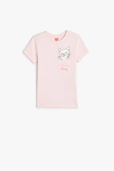 Футболка для дівчаток Koton з коротким рукавом, принтом кішки, з кишенею, 100% бавовна, розміри 4-5 років, 24-36 місяців, рожева - фото 1