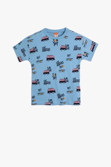 Футболка для хлопчиків Koton з коротким рукавом, блакитна, з принтом міста, 100% бавовна, зручна та стильна для щоденного використання - фото 1