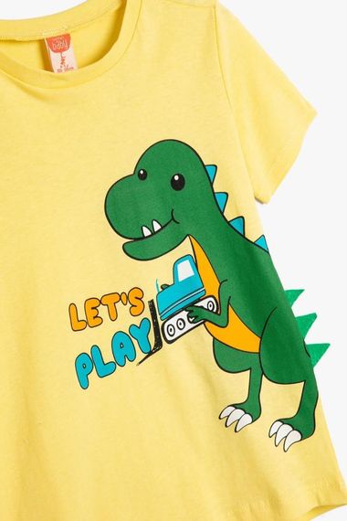 Футболка для мальчиков Koton с длинными рукавами и аппликацией, динозавр, велюровый вырез, 100% хлопок, желтая, размер 24-36 месяцев - фото 3