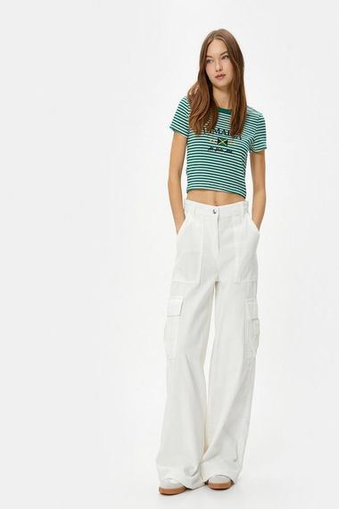 Koton Crop T-Shirt Short Sleeve Crew Neck Slim Fit Camisole Embroidered Green Stripes - photo 2