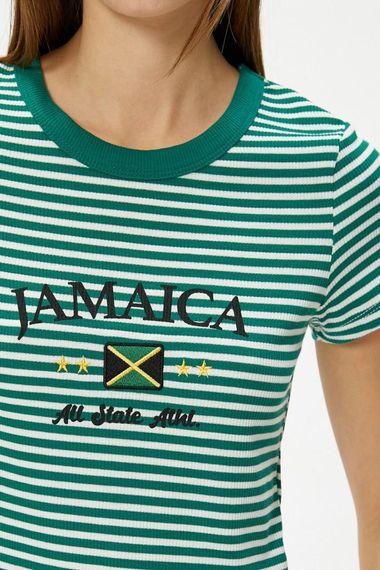 Koton Crop T-Shirt Short Sleeve Crew Neck Slim Fit Camisole Embroidered Green Stripes - photo 5