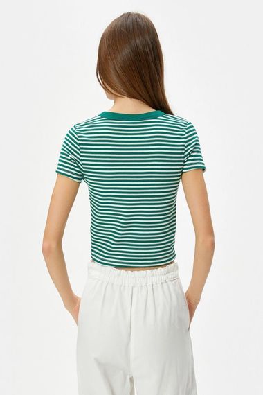 Koton Crop T-Shirt Short Sleeve Crew Neck Slim Fit Camisole Embroidered Green Stripes - photo 4