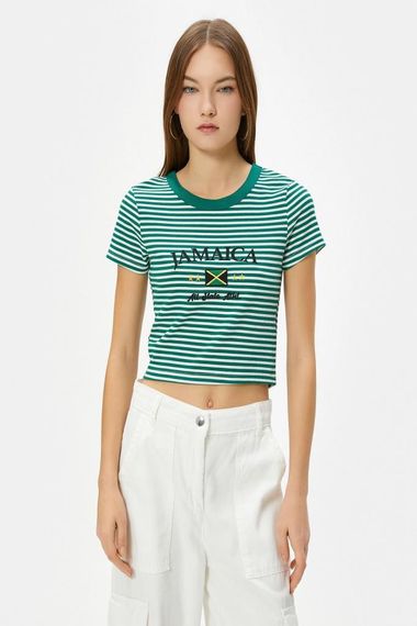 Koton Crop T-Shirt Short Sleeve Crew Neck Slim Fit Camisole Embroidered Green Stripes - photo 3