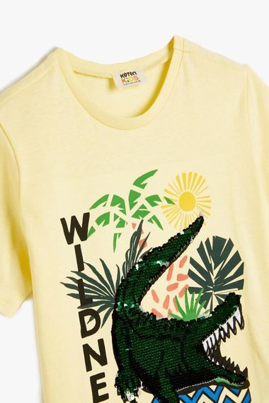 Koton Boy's T-Shirt Crocodile Printed Sequined Short Sleeve Crew Neck Cotton - photo 3