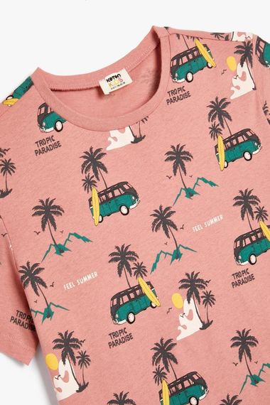 Boys' Cotton T-Shirt with Palm Print, Short Sleeves and Crew Neck in Pink, Available in Youth Sizes 5-6, 9-10, and 11-12 - photo 3