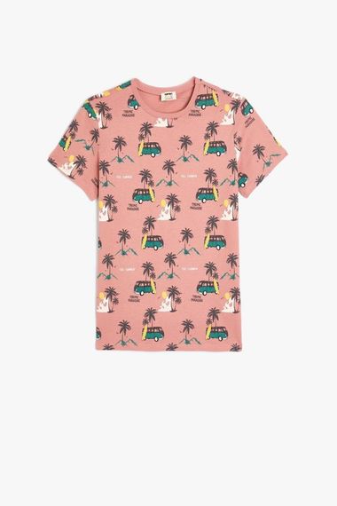 Boys' Cotton T-Shirt with Palm Print, Short Sleeves and Crew Neck in Pink, Available in Youth Sizes 5-6, 9-10, and 11-12 - photo 1