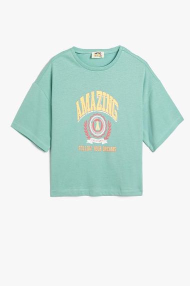 Koton Kız Çocuk Crop Tişört Kısa Kollu Bisiklet Yaka Slogan Baskılı Pamuklu - fotoğraf 1