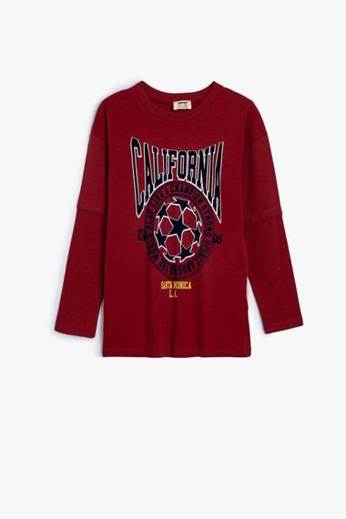 Oversized Cotton Boys' Long Sleeve T-Shirt with College Print in Burgundy - photo 1