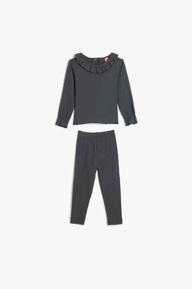 Комплект футболки та штанів для дівчаток Koton з довгими рукавами, з рибаналом і еластичним поясом, безпечний для малюків - фото 1