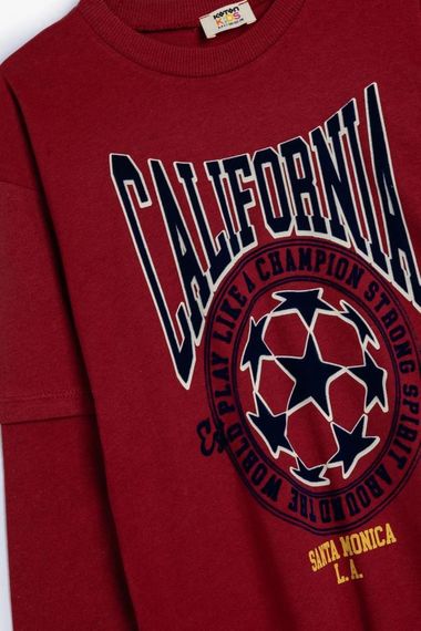 Oversized Cotton Boys' Long Sleeve T-Shirt with College Print in Burgundy - photo 3