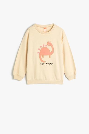 Koton Kız Bebek Dinozorlu Sweatshirt Bisiklet Yaka Uzun Kollu Şardonlu Pamuklu - fotoğraf 1