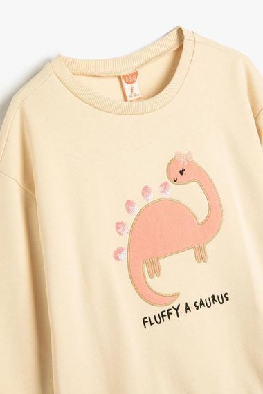 Koton Kız Bebek Dinozorlu Sweatshirt Bisiklet Yaka Uzun Kollu Şardonlu Pamuklu - fotoğraf 3